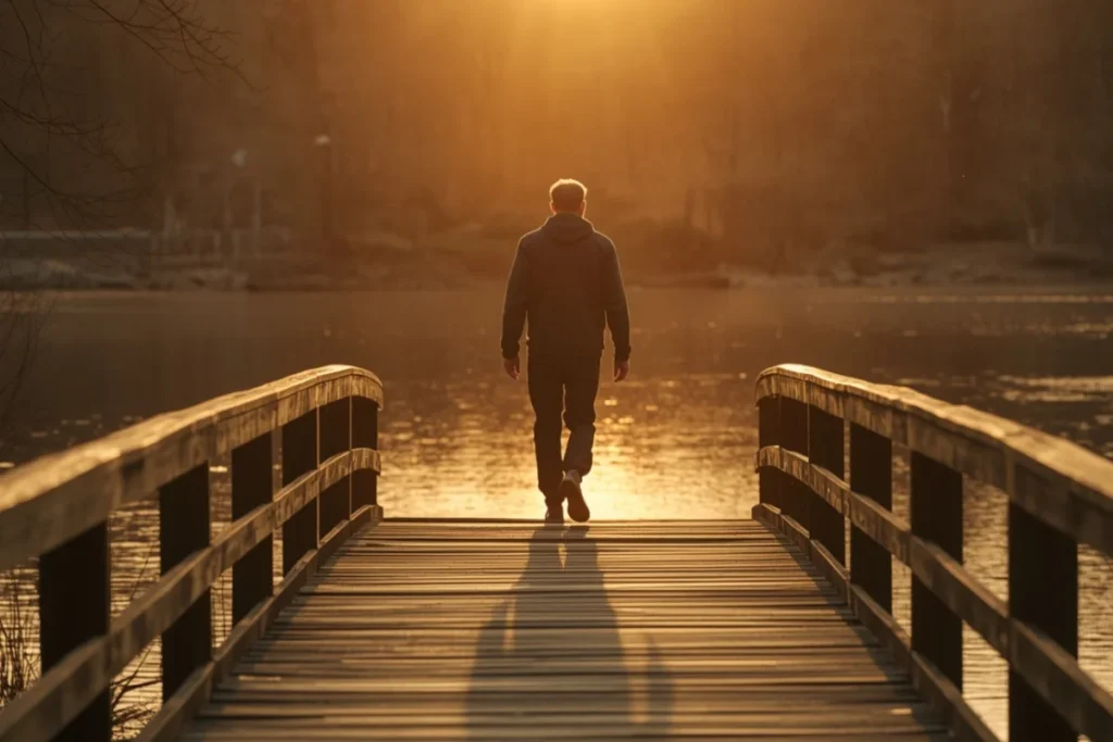 Back-facing adult stepping forward onto a wide bridge over a calm river in golden morning light, posture grounded and forward-moving, suggesting emergence