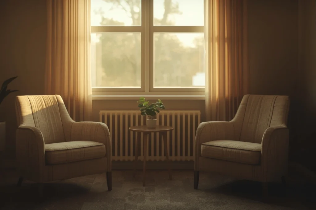 Softly lit therapy room with two armchairs near window in warm afternoon light, welcoming and calm