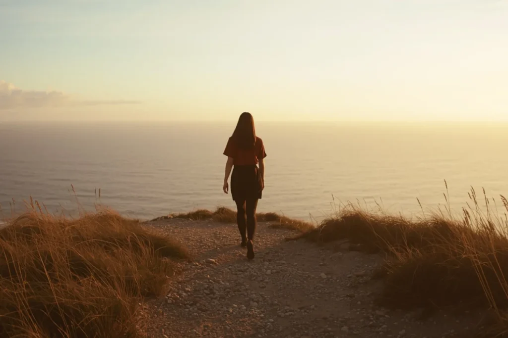 Woman walking forward along coastal cliff path at golden hour, wide ocean and sky ahead