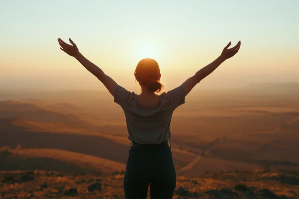 Back-facing woman on hilltop at golden hour, arms slightly open, vast glowing horizon ahead, grounded and forward-moving posture