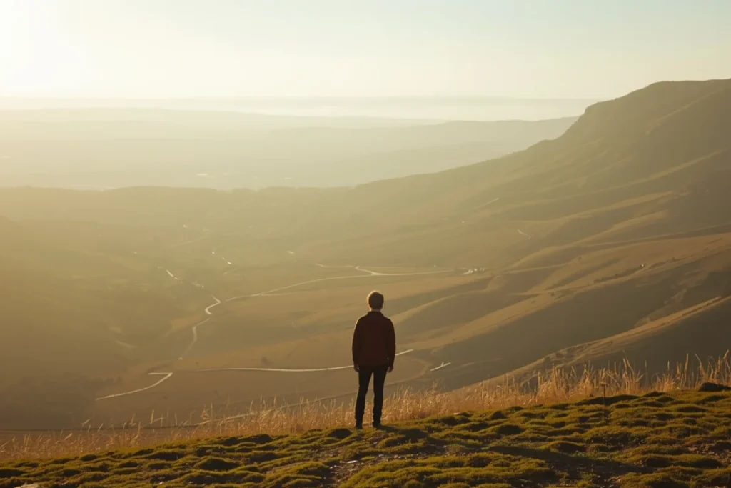 Person standing at the top of a hillside, back to camera, looking out over a wide sunlit valley with paths visible below in afternoon light