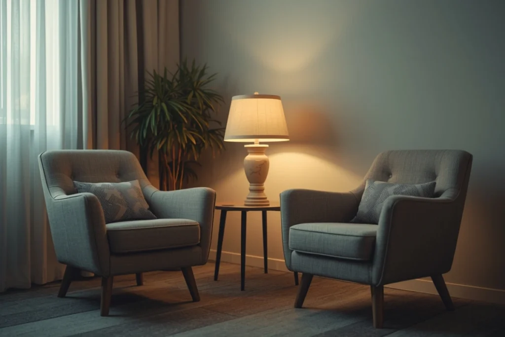 Definitive Guide to Gaslighting | Two armchairs in a softly lit therapy room, warm lamp, green plant, calm and welcoming