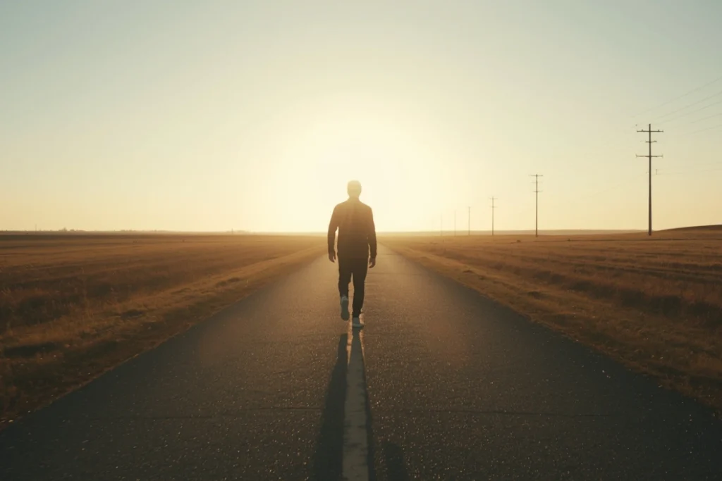 Person stepping forward on a wide sunlit path, back to camera, posture open and grounded, bright horizon ahead