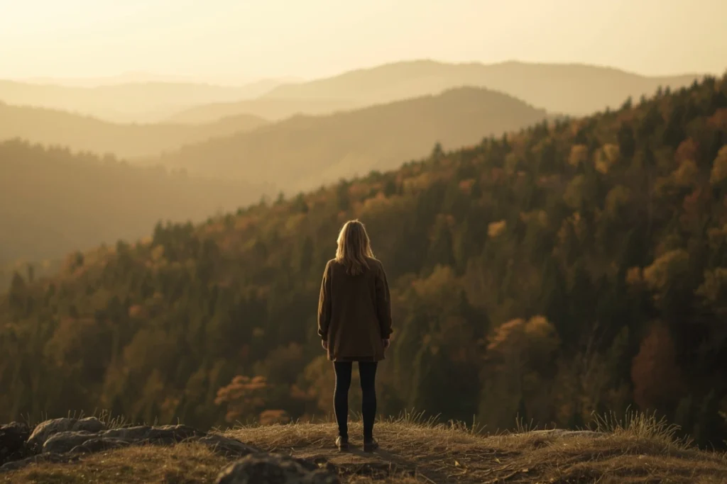 Person standing at edge of hillside viewing vast rolling landscape in morning light, viewed from behind
