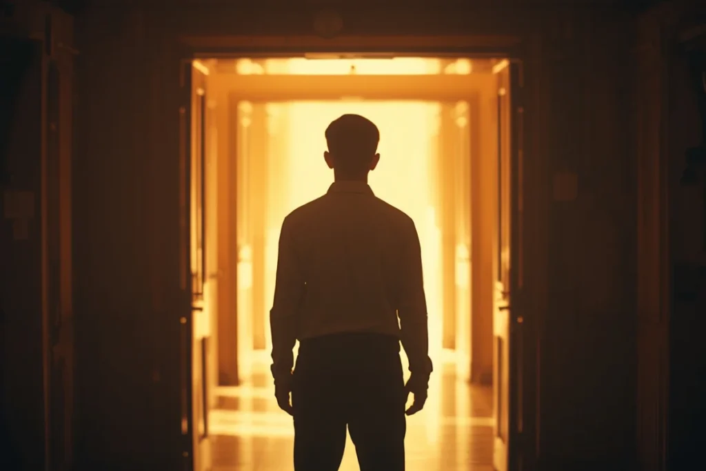Person standing at entrance of warmly lit library corridor, golden light, open threshold of possibility