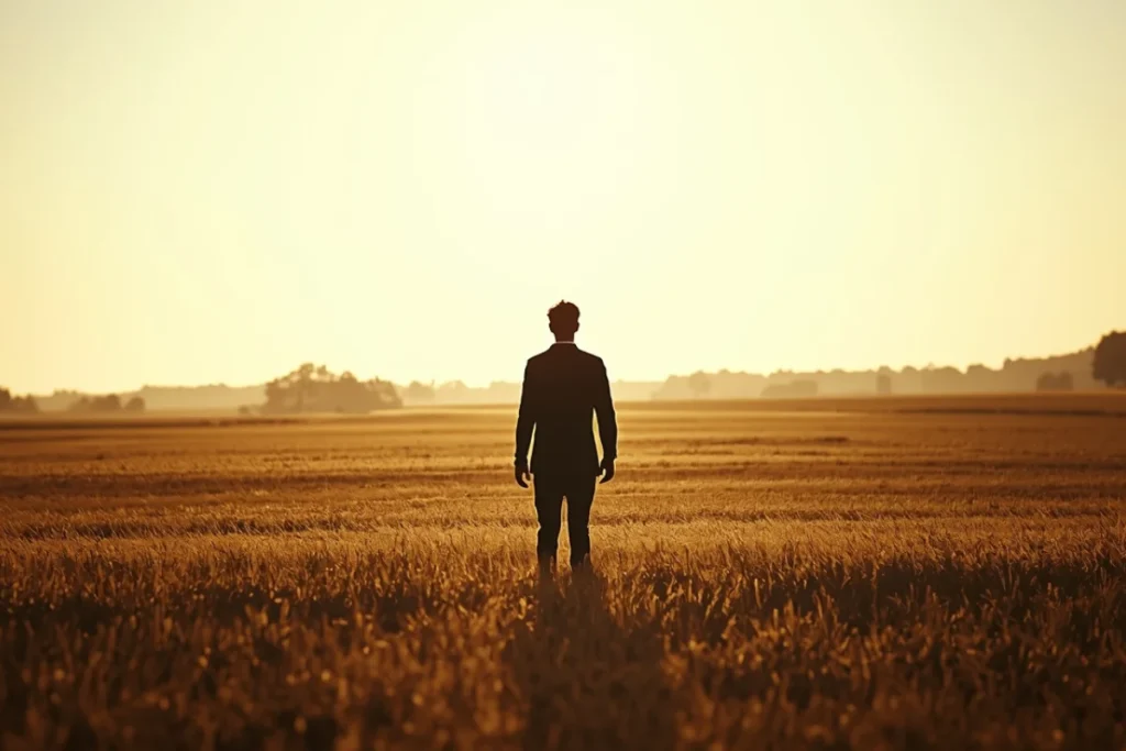 Person standing at the edge of a wide open field at early morning, back to camera, upright posture, facing toward clear light ahead