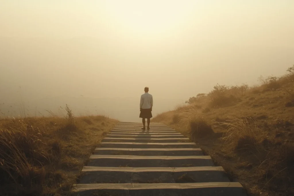 Definitive Guide to Gaslighting | Person standing at the top of stone steps looking out at an open landscape, back-facing, wide