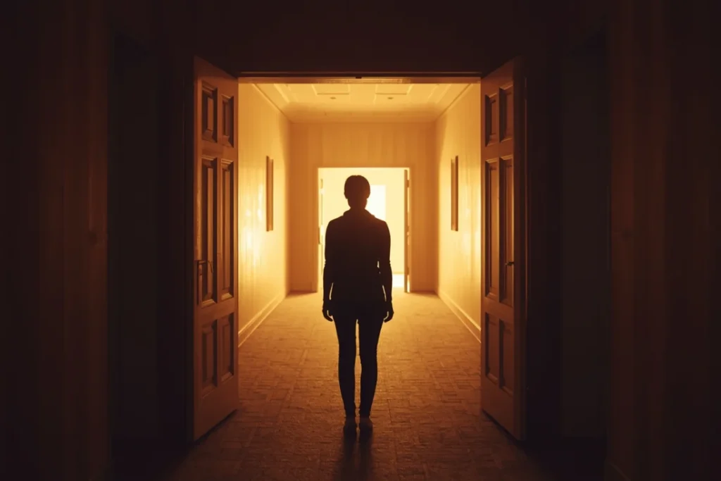 A back-facing figure at the entrance to a warmly lit corridor — representing being welcomed into a full architecture of healing resources