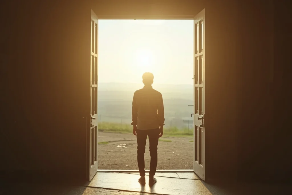 Person standing in open doorway looking out toward sunlit landscape, viewed from behind, upright open posture