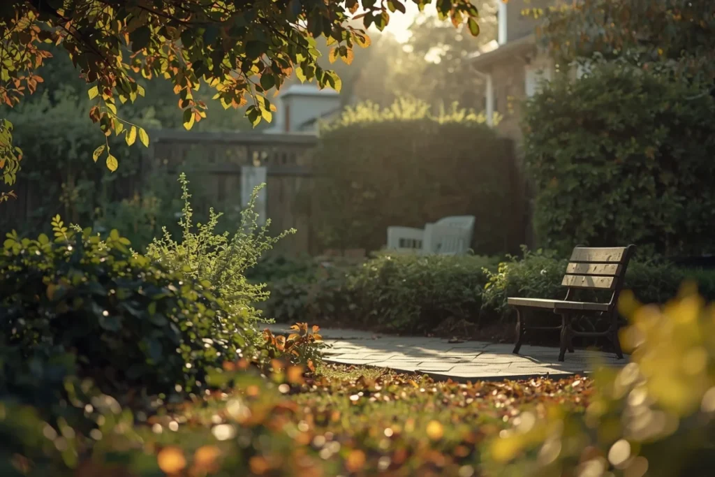 Quiet garden in late afternoon golden light, green plants, a wooden bench, warm peaceful atmosphere