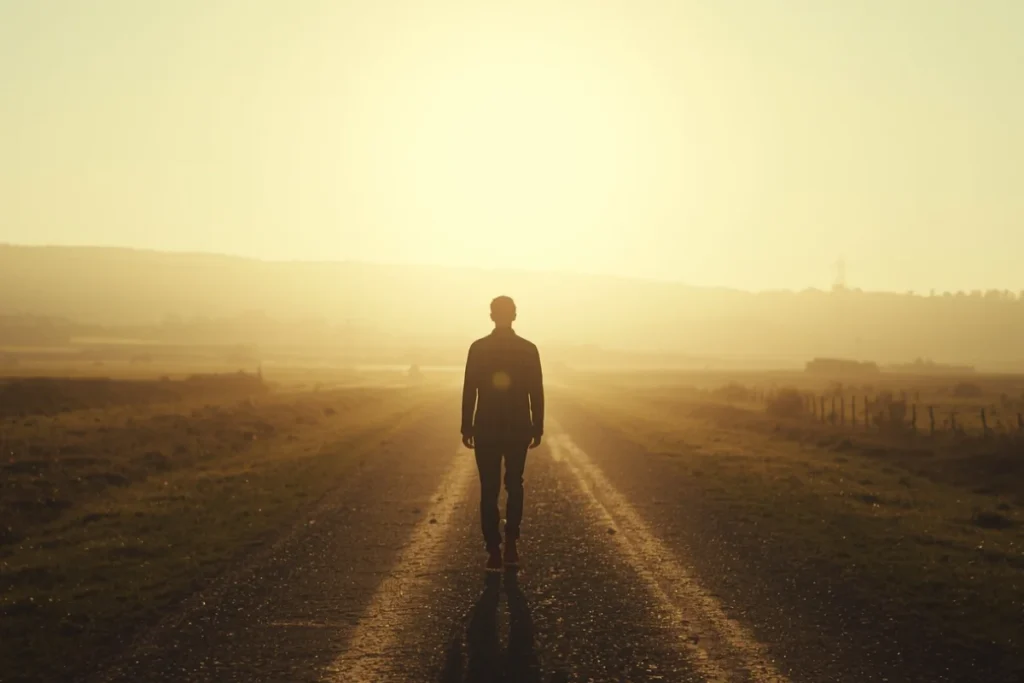 Person walking forward on an open path in morning light, back-facing, wide and bright
