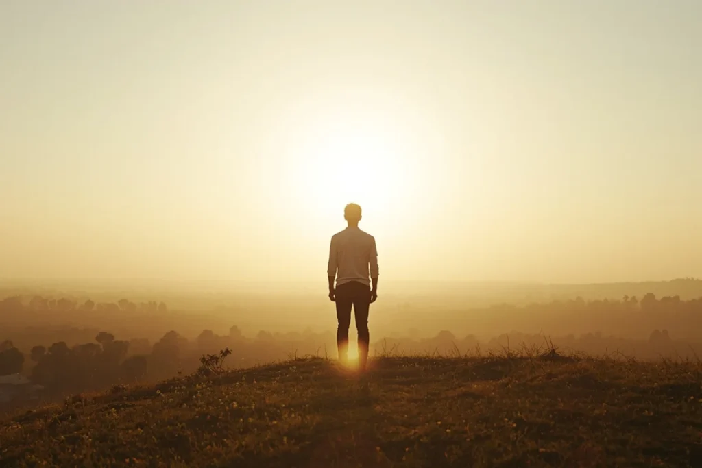 A back-facing figure looking out over a wide sunlit landscape — representing the grounded forward momentum possible after narcissistic abuse recovery.