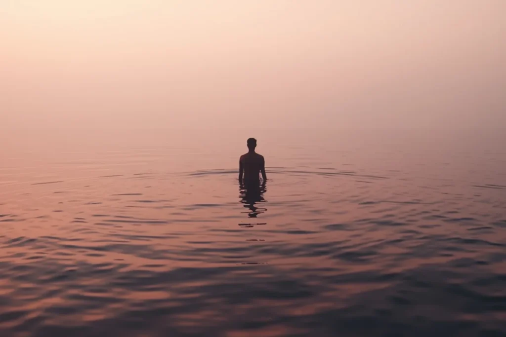 Calm body of water at early morning with soft pink and gold light on the surface, wide atmospheric shot