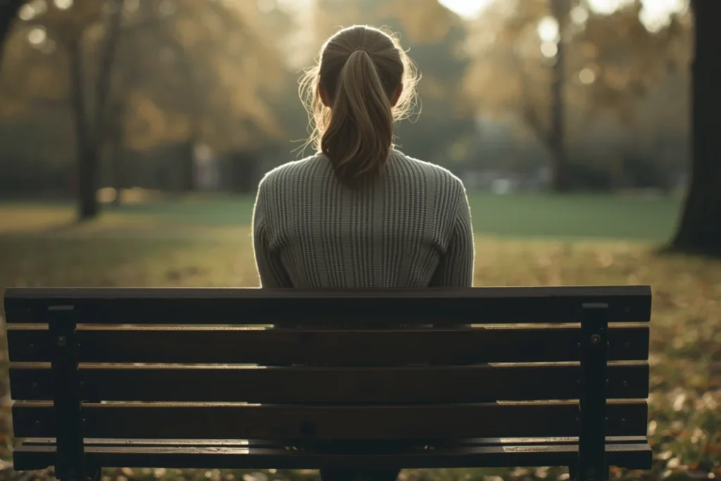 Back-facing woman on a bench in an autumn park, morning light filtering through trees, suggesting quiet reflection and emerging clarity