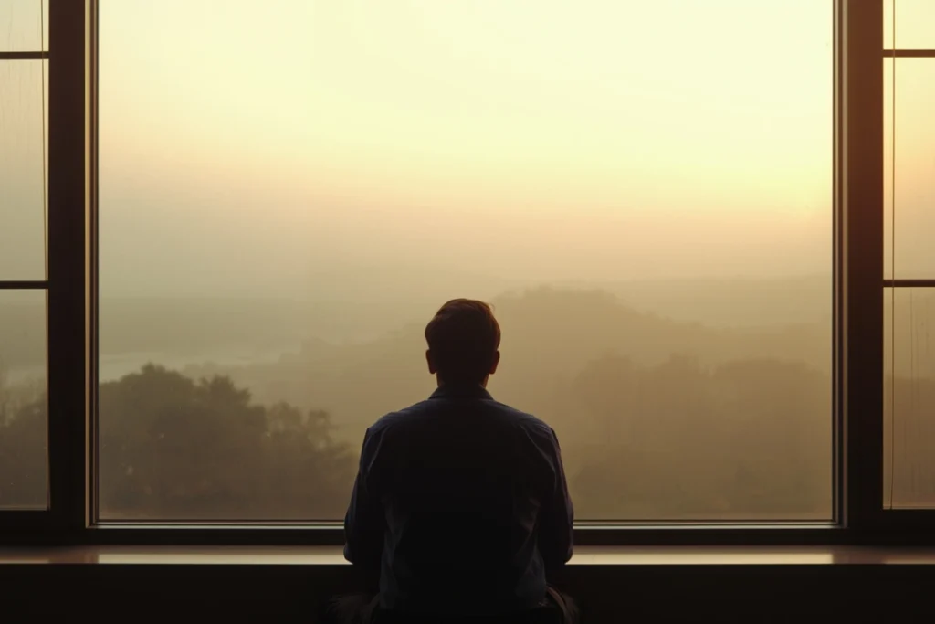 Person seated at wide window overlooking misty morning landscape, soft warm light, quiet and still