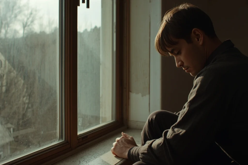 Person seated near a window in quiet morning light, hands resting in lap, gaze turned inward