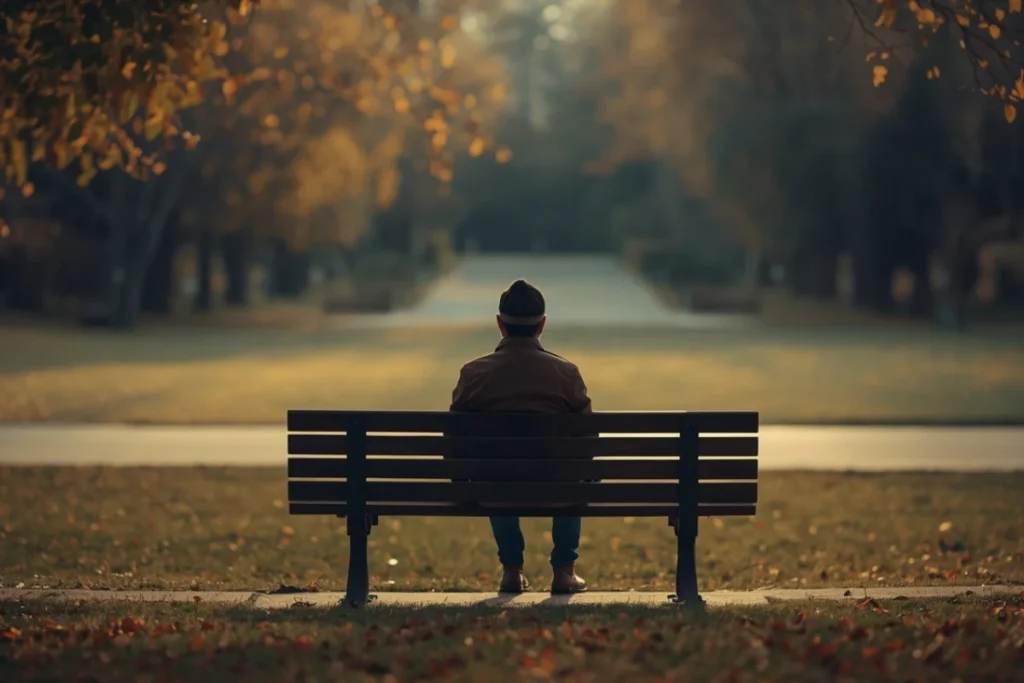 Person sitting alone on a park bench in soft autumn light, slightly turned away from camera, looking across an open path