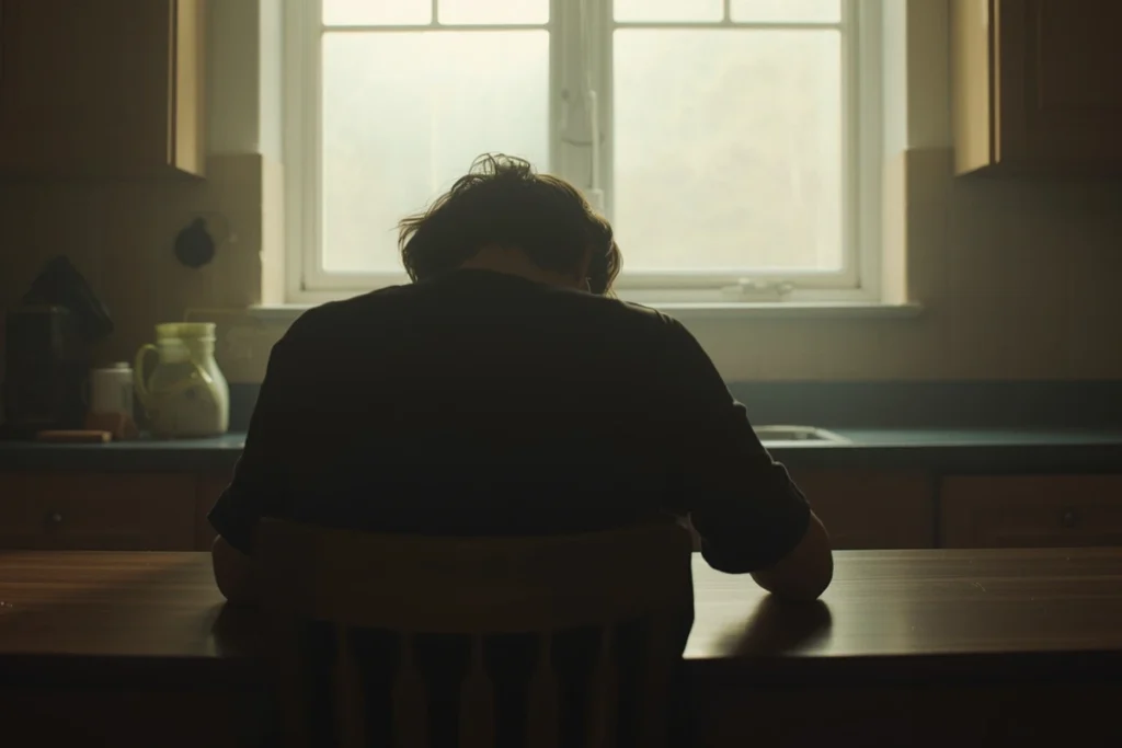 Definitive Guide to Gaslighting | Person seated at a table with hands resting flat, looking down, morning light, calm and still