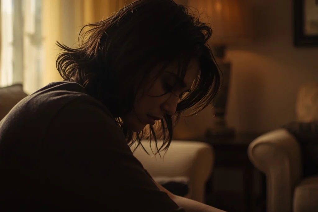 A person seated on a couch or chair near soft window light, looking down with a quiet, still expression