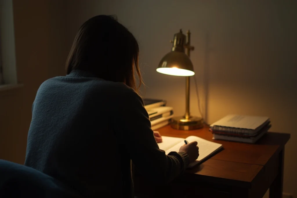 Person seated at wooden desk with open notebook in warm lamp light, viewed from behind at soft angle