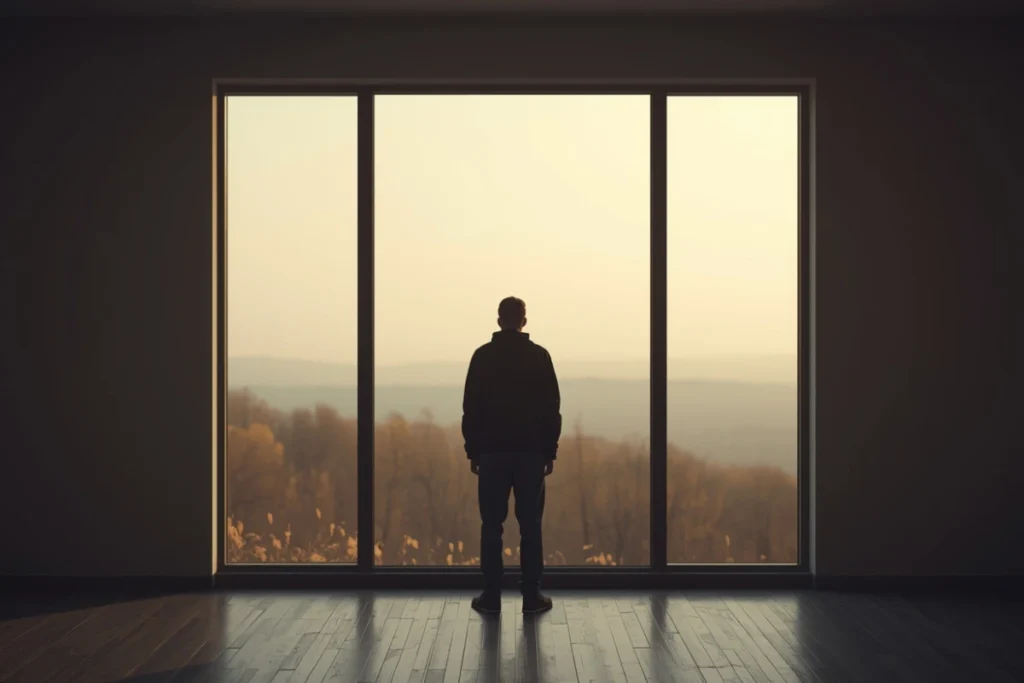 Person standing at large window back-facing, looking out over wide calm landscape, warm interior light, quiet moment of reflection