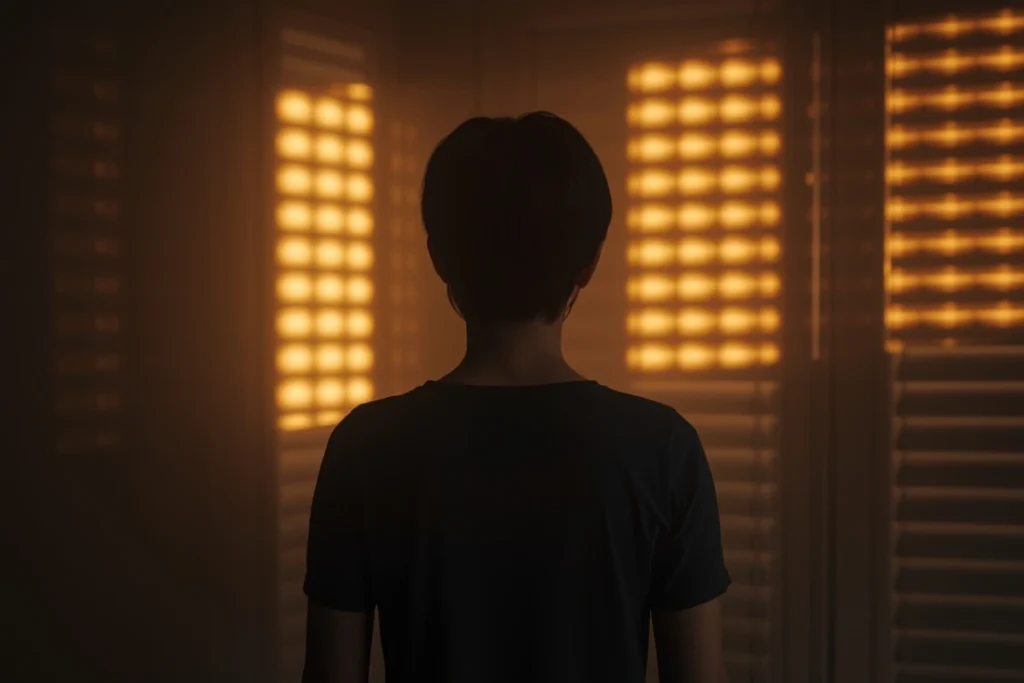 A figure in alternating warm light and shadow — representing the intermittent reinforcement mechanism at the heart of narcissistic abuse.