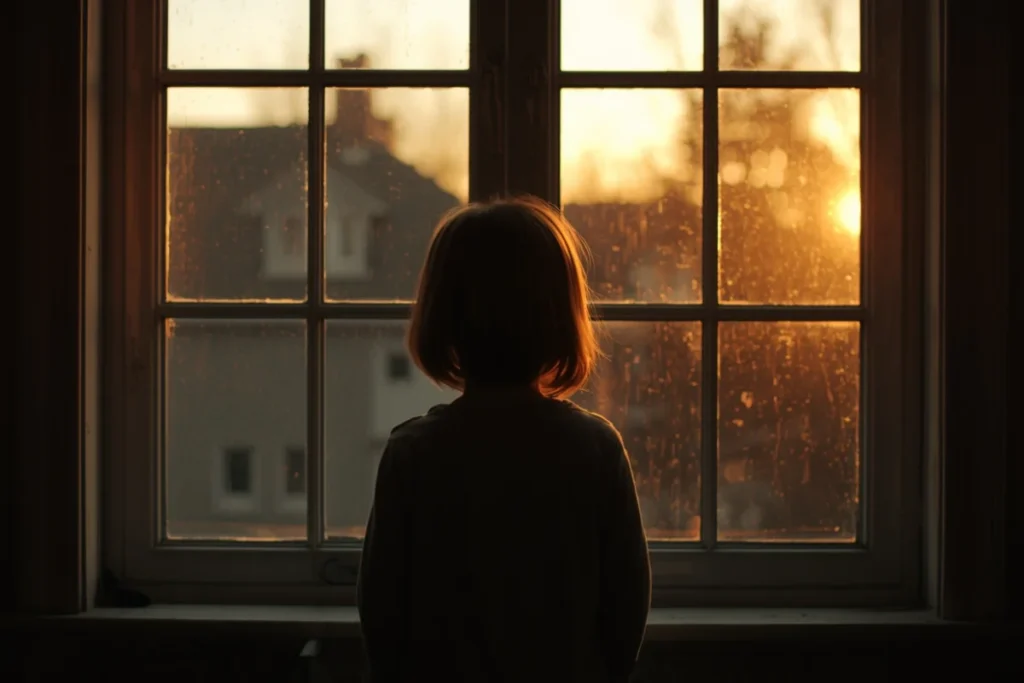 Child-sized silhouette standing at a window in a softly lit room, reflecting a warm outdoor scene, suggesting longing and inner distance