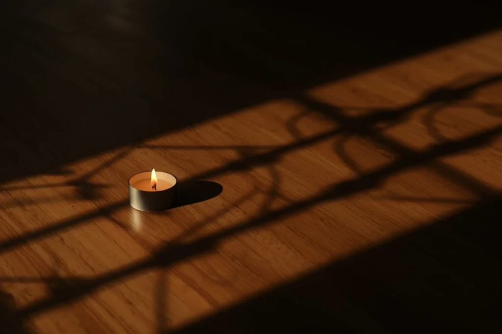 Single candle casting multiple distinct shadows across calm softly lit wooden room, warm amber light