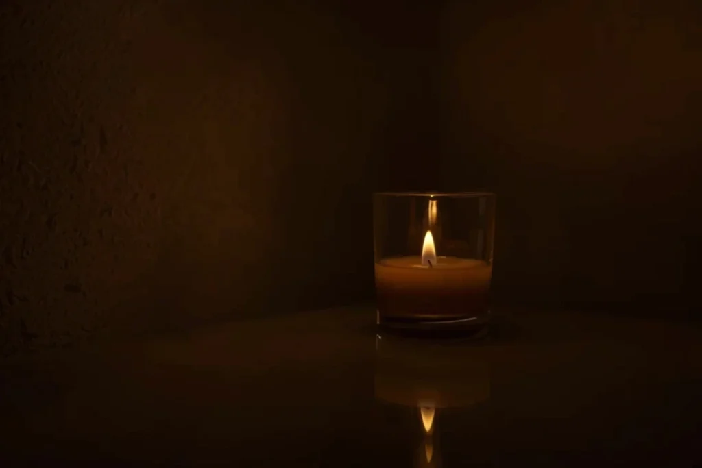 Single candle flame reflected in still glass of water in dimly lit room, soft atmospheric interior, no person, calm and still