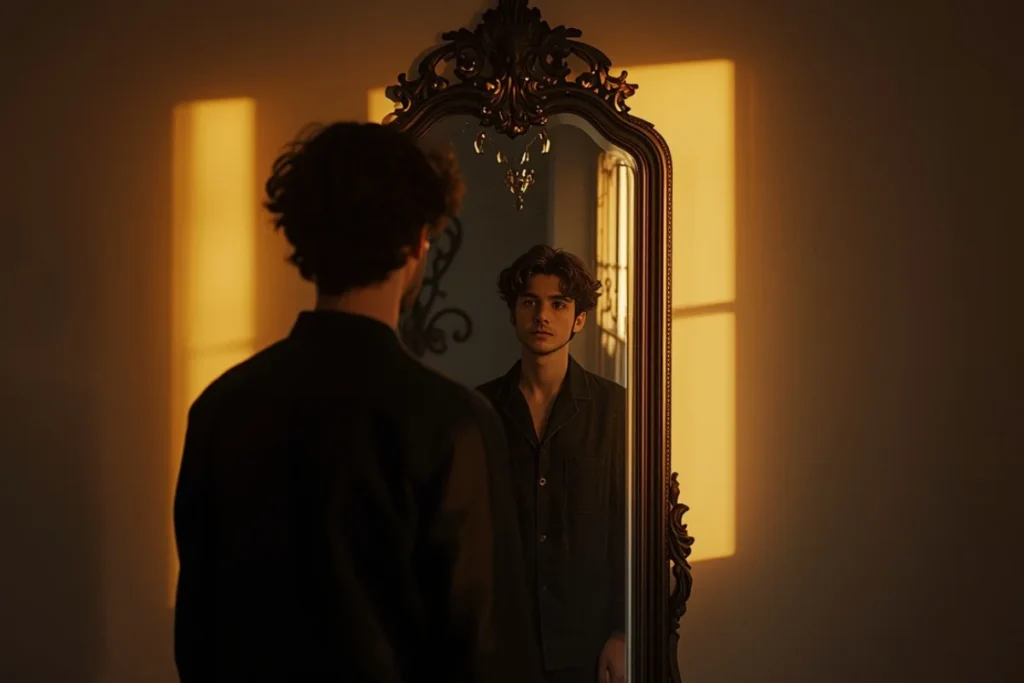 Person standing in a softly lit room facing an old mirror, partially turned from camera, warm side light, quiet contemplative atmosphere