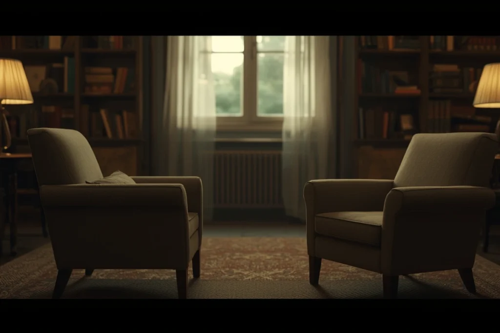 Definitive Guide to Gaslighting | Two chairs in a softly lit room facing each other, warm lamp light, empty, calm and still