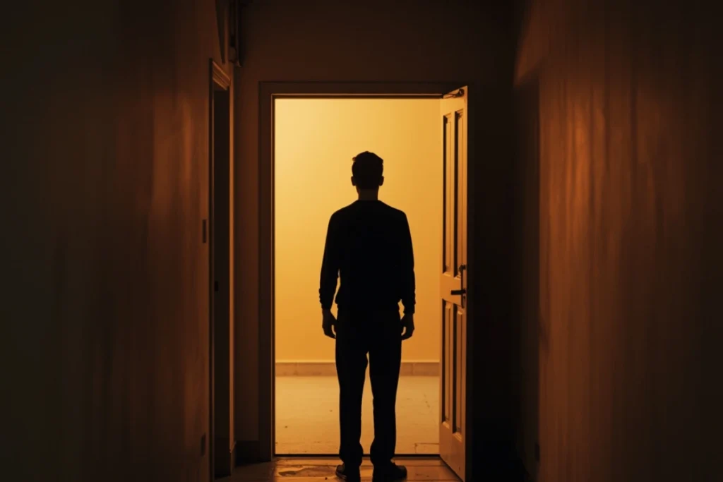 a person in a room where light is uneven — one side warm and golden, one side cooler and shadowed