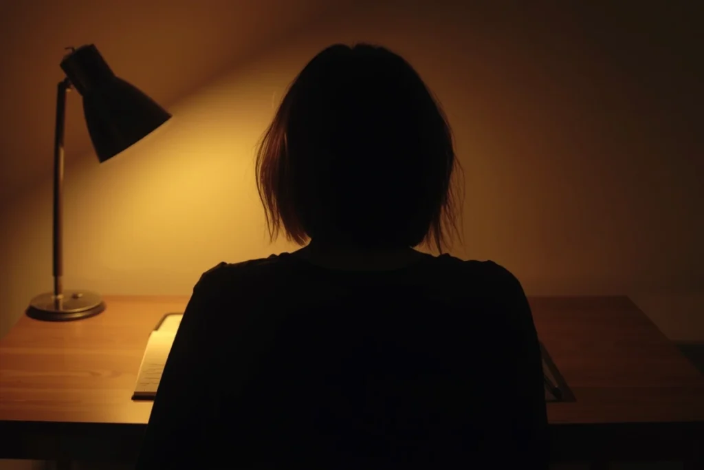 Person at a desk in warm lamplight, journal open, pen held loosely, expression reflective and settled