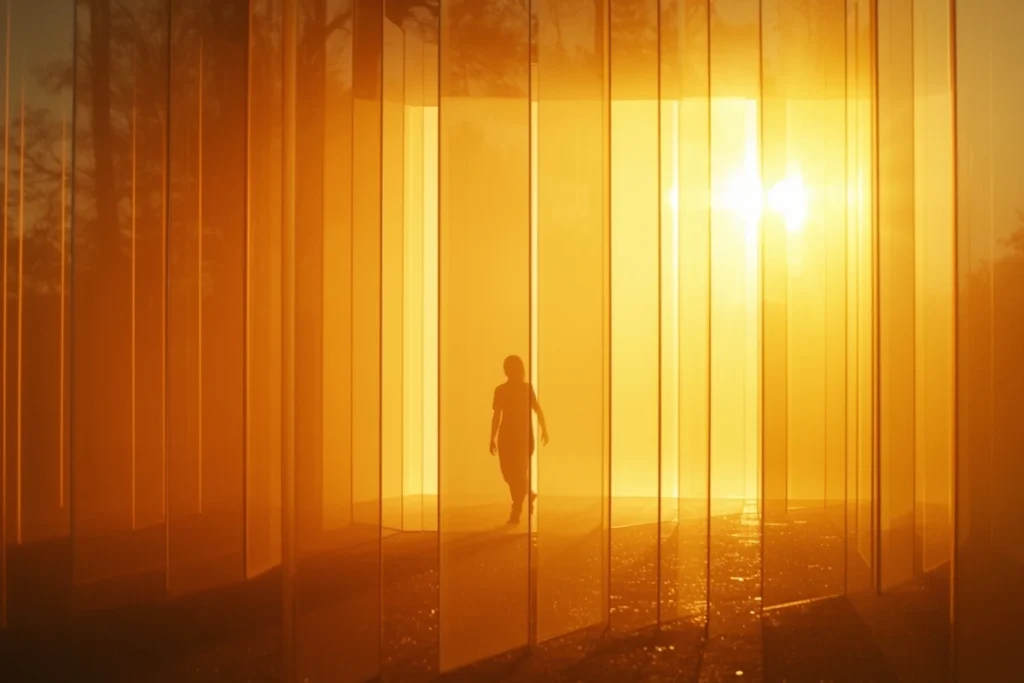 Light passing through layered glass panels creating a warm tonal spectrum from amber to pale gold