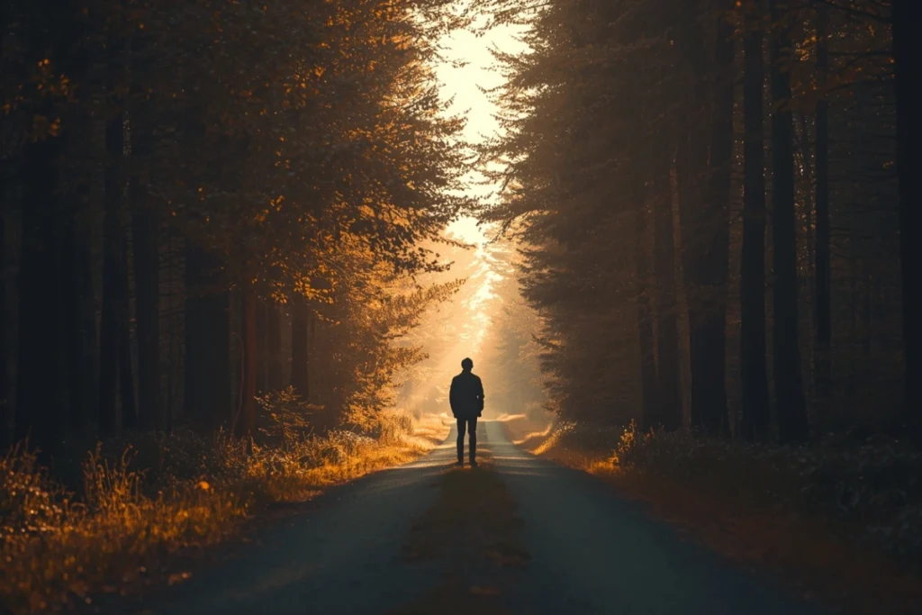 A back-facing figure on a forest path moving toward light — representing the full journey of understanding and recovering from narcissistic abuse