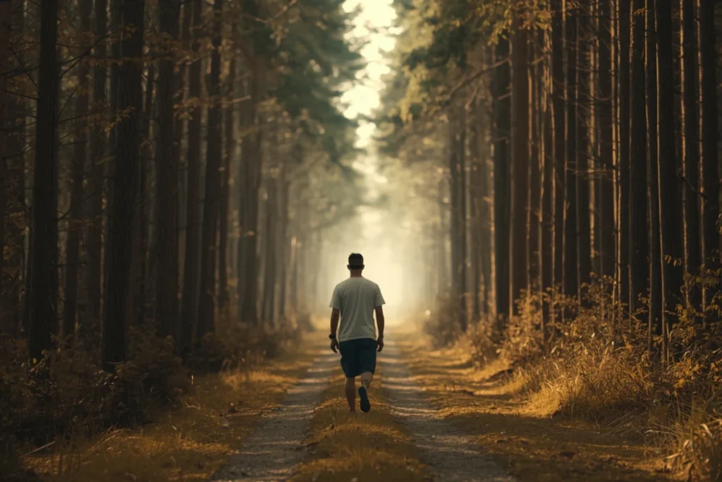 Back-facing adult walking a narrow forest path that opens into a bright clearing ahead, suggesting a long complex journey with a hopeful horizon