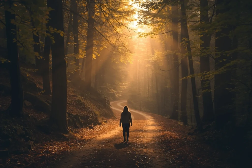 Person at base of tall winding forest path curving upward through warm filtered light, vertical composition