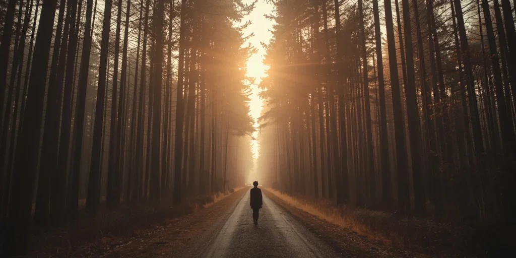 Woman at base of long forest path looking upward toward bright open sky, tall trees framing the route ahead