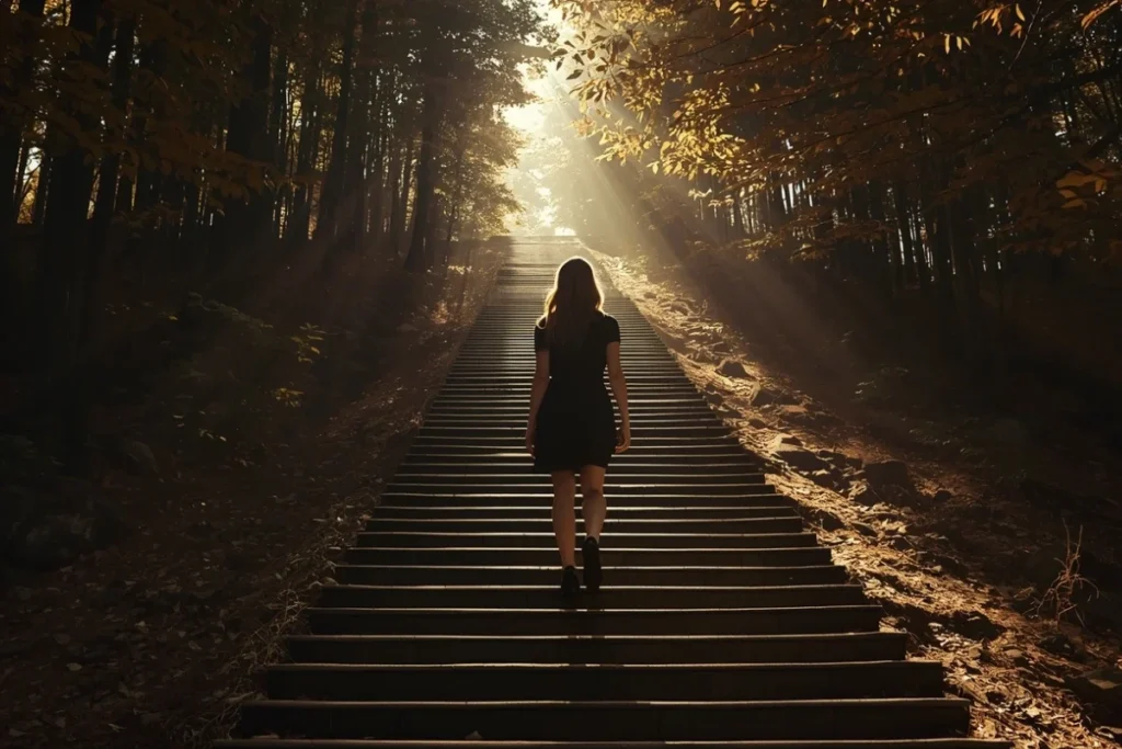 Back-facing woman at base of stone staircase ascending through dappled forest light, vertical composition, warm afternoon light