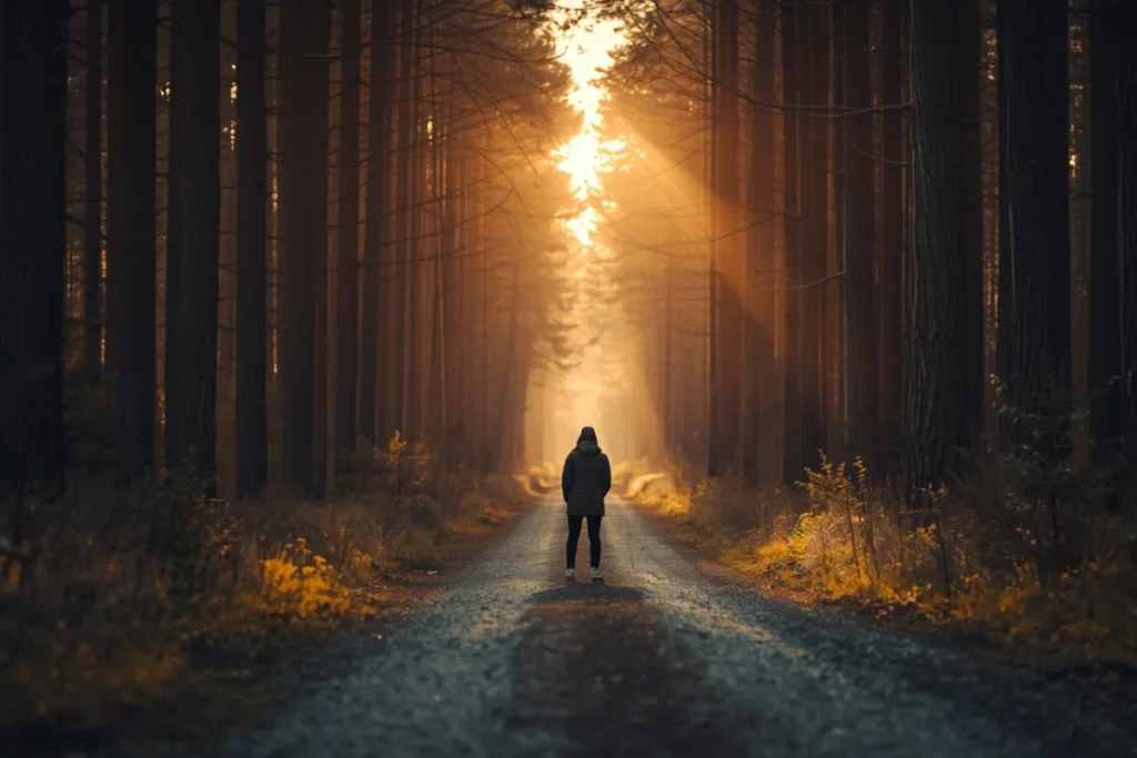 Person standing at the start of a wide forest path, back to camera, looking toward warm light ahead, tall trees on both sides in soft natural light