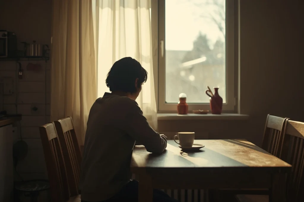 A person sitting at a kitchen table or desk with a cup of tea or coffee, looking slightly to the side, expression quiet and reflective 