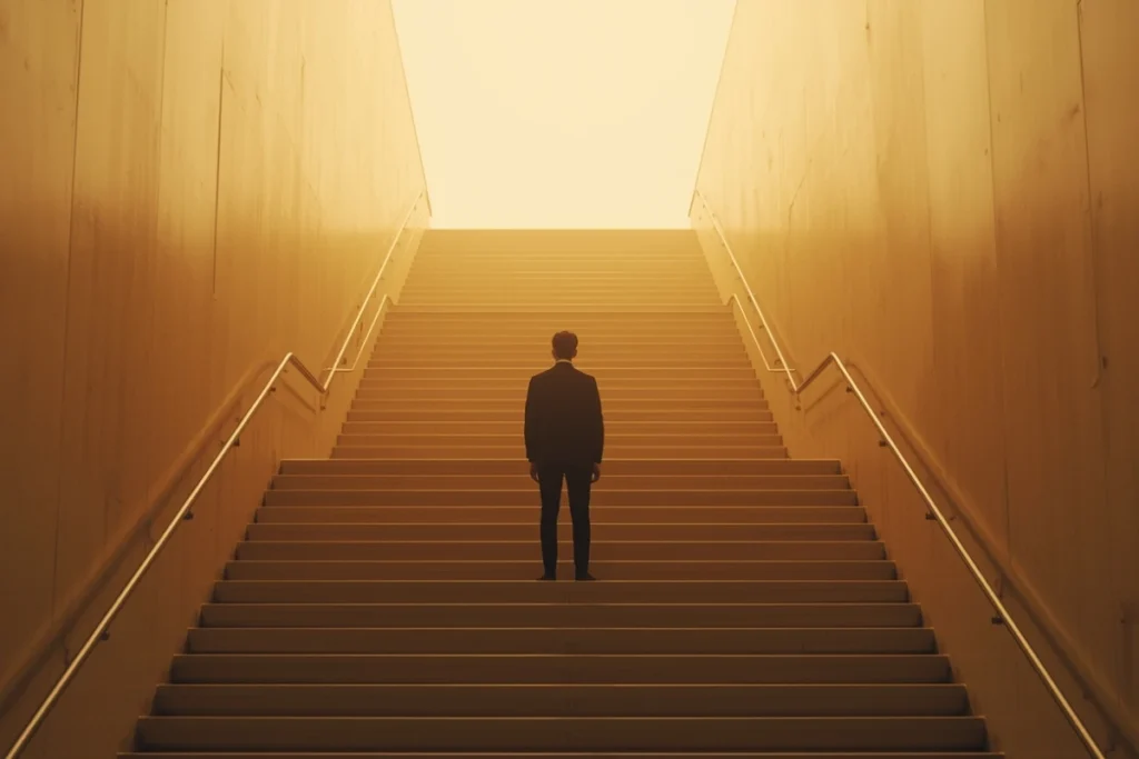 Person seen from behind standing at the base of a tall staircase, soft warm light above