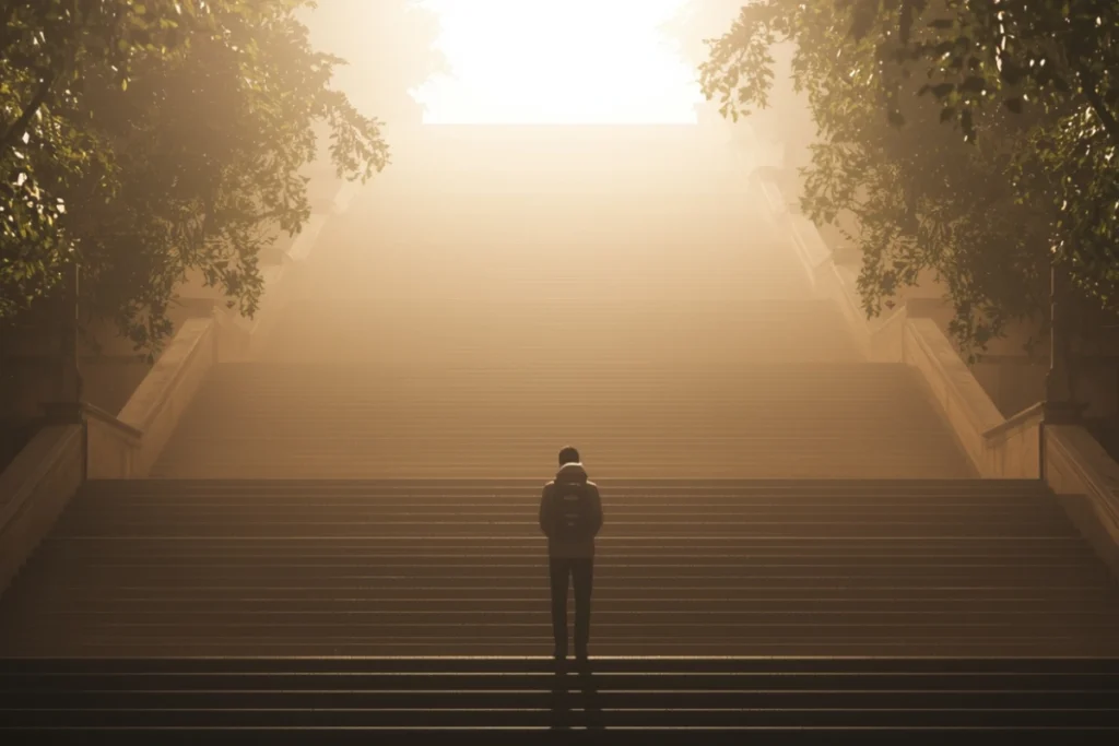 Person standing at base of wide stone staircase leading upward into morning light, viewed from behind