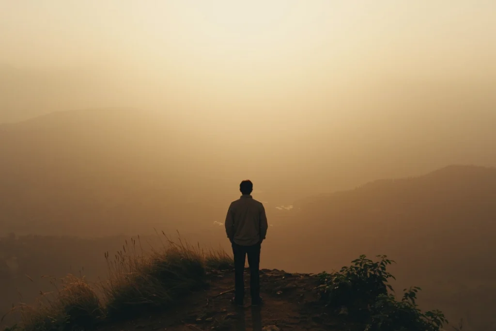 Back-facing person standing at elevated viewpoint overlooking wide misty valley at dawn, vertical landscape composition, warm morning light above soft fog below