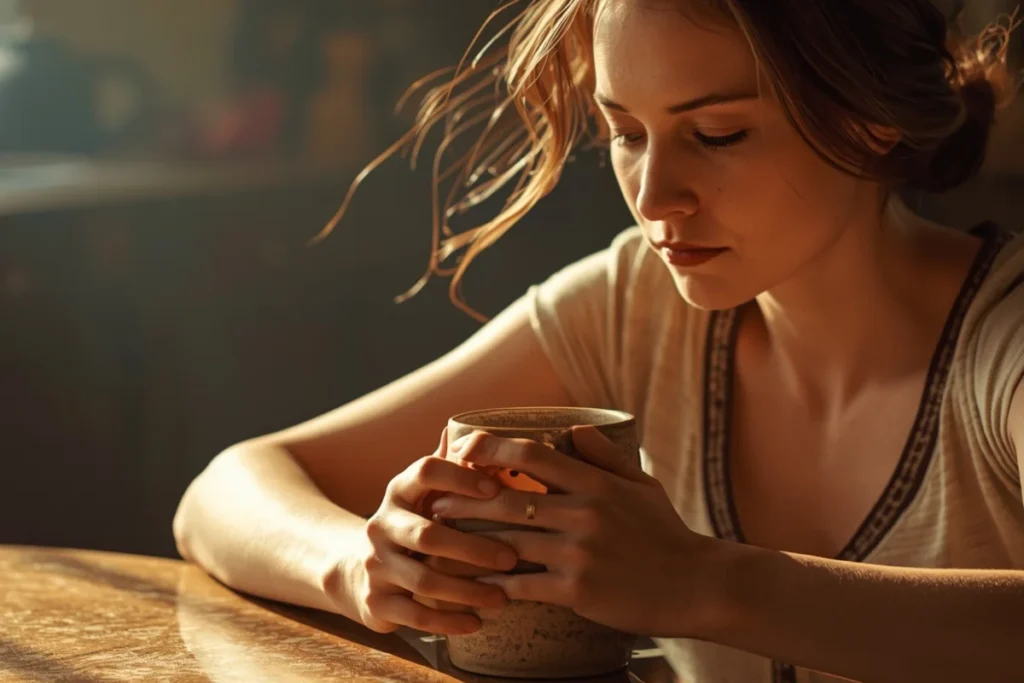 Partial view of a woman at a kitchen table in morning light, hands around a mug, posture conveying quiet introspection and inner weight