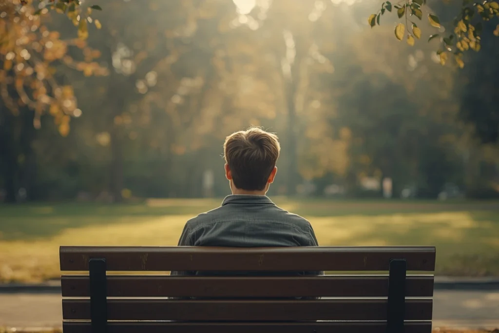 Person sitting on park bench in soft morning light, still posture, muted greens and amber tones