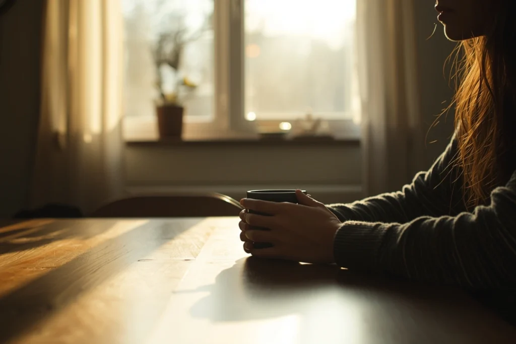 Person seated at kitchen table holding cup, looking out window in quiet early morning light