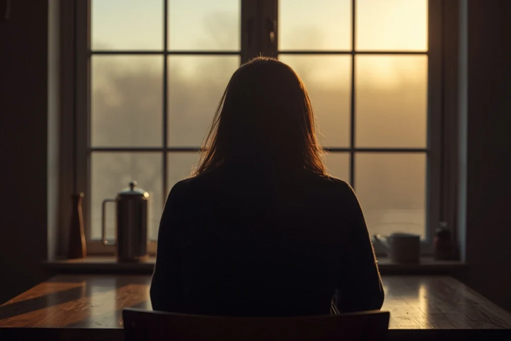 Person sitting at kitchen table back-facing, hands wrapped around mug, soft grey dawn through window, quiet morning stillness