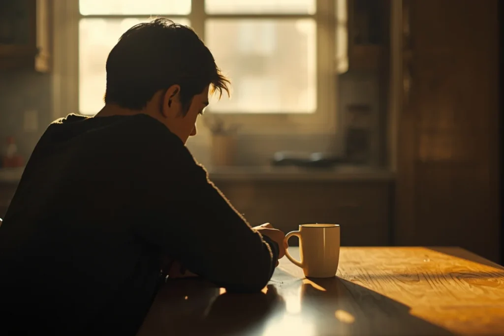 Person sitting at a kitchen table in early morning light, partially turned away, both hands around a warm mug, soft quiet atmosphere