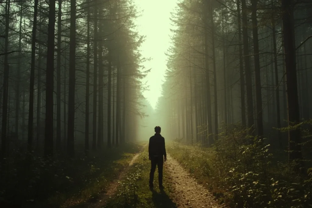Definitive Guide to Gaslighting | Person standing on a path looking toward distant light through tall trees, back-facing, calm